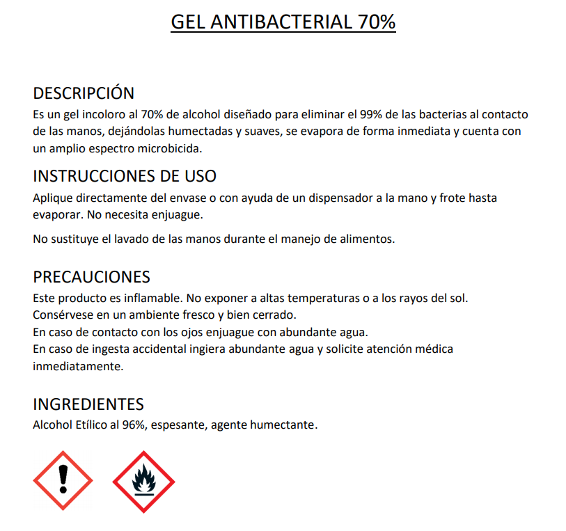 Gel antibacterial al 70 %